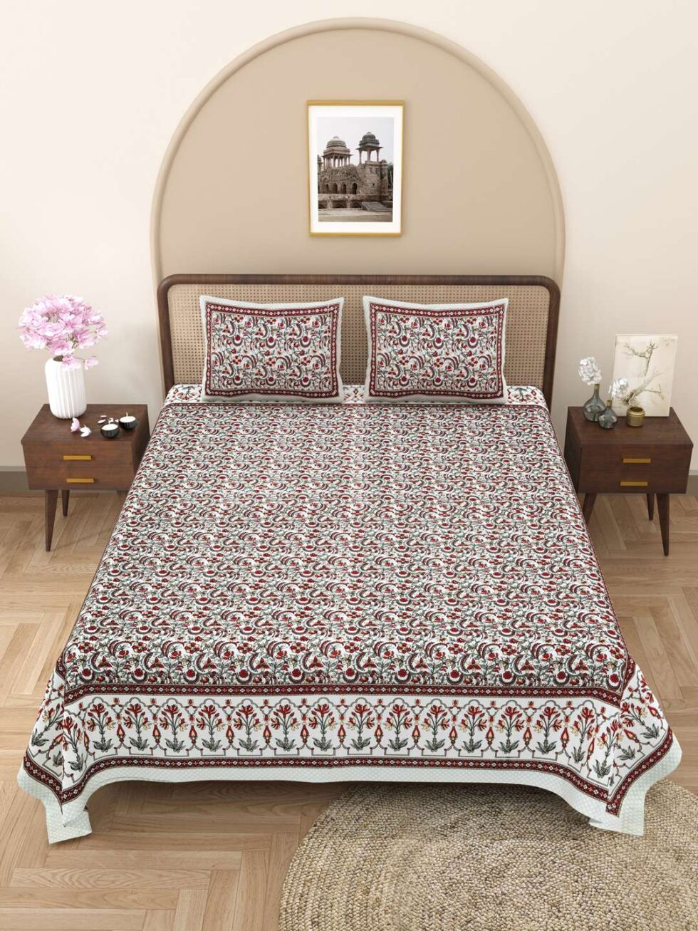 Handmade Cotton Bedsheet Set with Pillow Covers – Traditional Floral Block Print | King Size Bedspread | Ethically Made in India (BLACKLUXE CRAFTS) - BLACKLUXECRAFTS