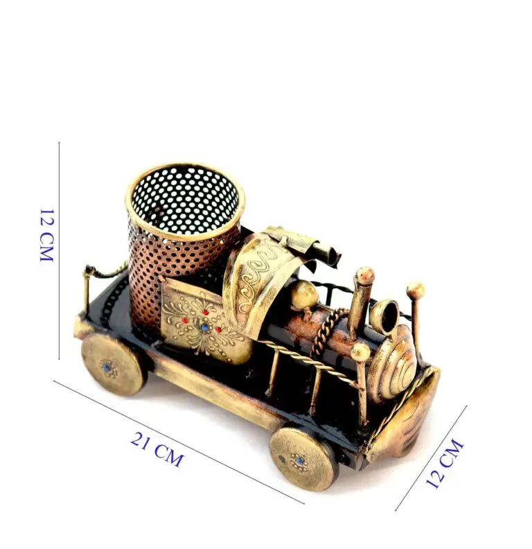 Handmade Vintage Train Engine Pen Holder | Decorative Desk Organizer | Antique Brass Finish Office Decor | Indian Handcrafted Gift (BLACKLUXE CRAFTS) - BLACKLUXECRAFTS