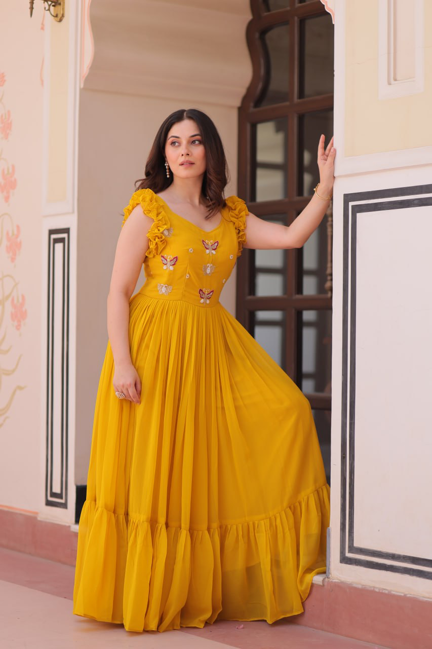 Handmade Mustard Yellow Maxi Dress – Ethnic Indian Embroidered Butterfly Gown | Boho Party Wear Long Dress for Women (BLACKLUXE CRAFTS) - BLACKLUXECRAFTS