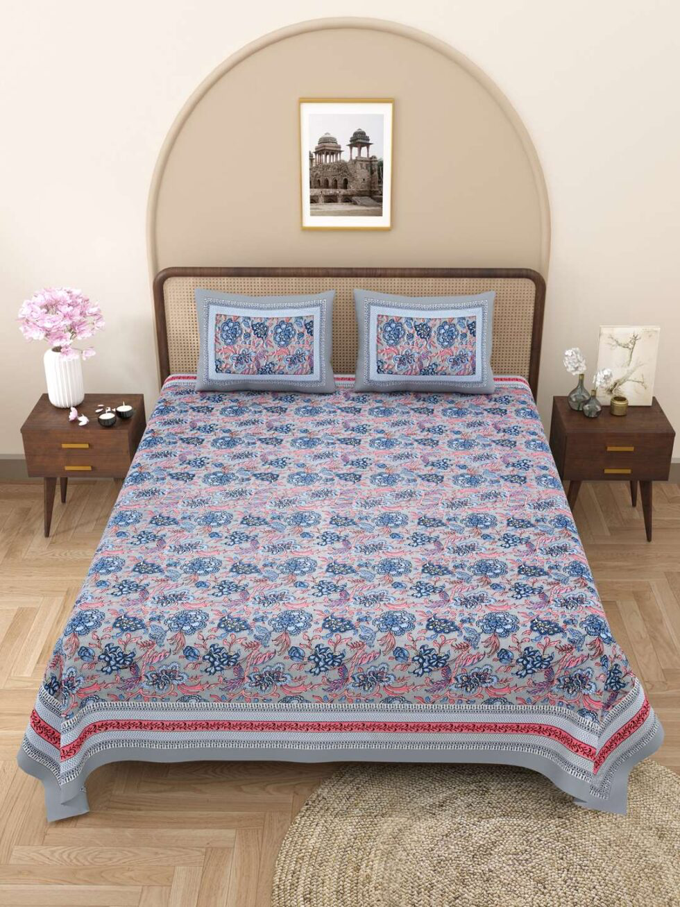 Handmade Cotton Floral Block Print Bed Sheet Set with Pillow Covers – King Size Indian Jaipuri Bedsheet – Grey Blue Traditional Handcrafted Bedding (BLACKLUXE CRAFTS) - BLACKLUXECRAFTS