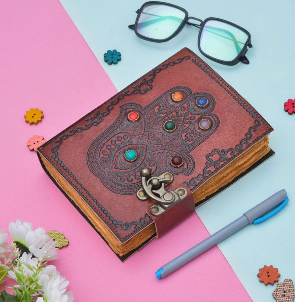 Hamsa Hand Leather Journal – Handmade Notebook with 7 Chakra Stones & Vintage Lock | Spiritual Boho Diary, Wiccan Grimoire, Reiki Gift (BLACKLUXE CRAFTS) - BLACKLUXECRAFTS