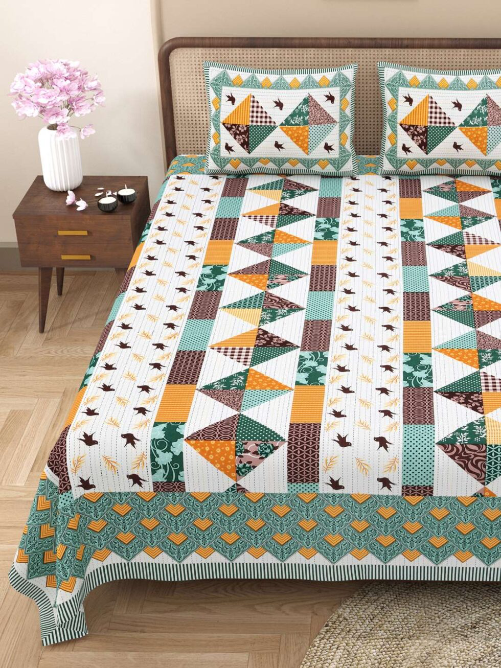 Handmade Cotton Patchwork Bedsheet with Pillow Covers – Traditional Indian Jaipuri Block Print Bedspread – Queen/King Size Bedding Set (BLACKLUXE CRAFTS) - BLACKLUXECRAFTS