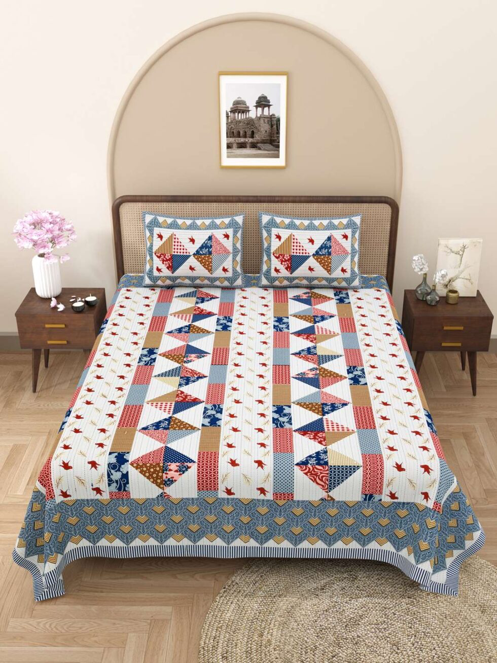 Handmade Cotton Patchwork Bedsheet with Pillow Covers – Boho Quilt Style Bedspread – Ethnic Indian Bedding for King/Queen Size – Lightweight & Breathable (BLACKLUXE CRAFTS) - BLACKLUXECRAFTS