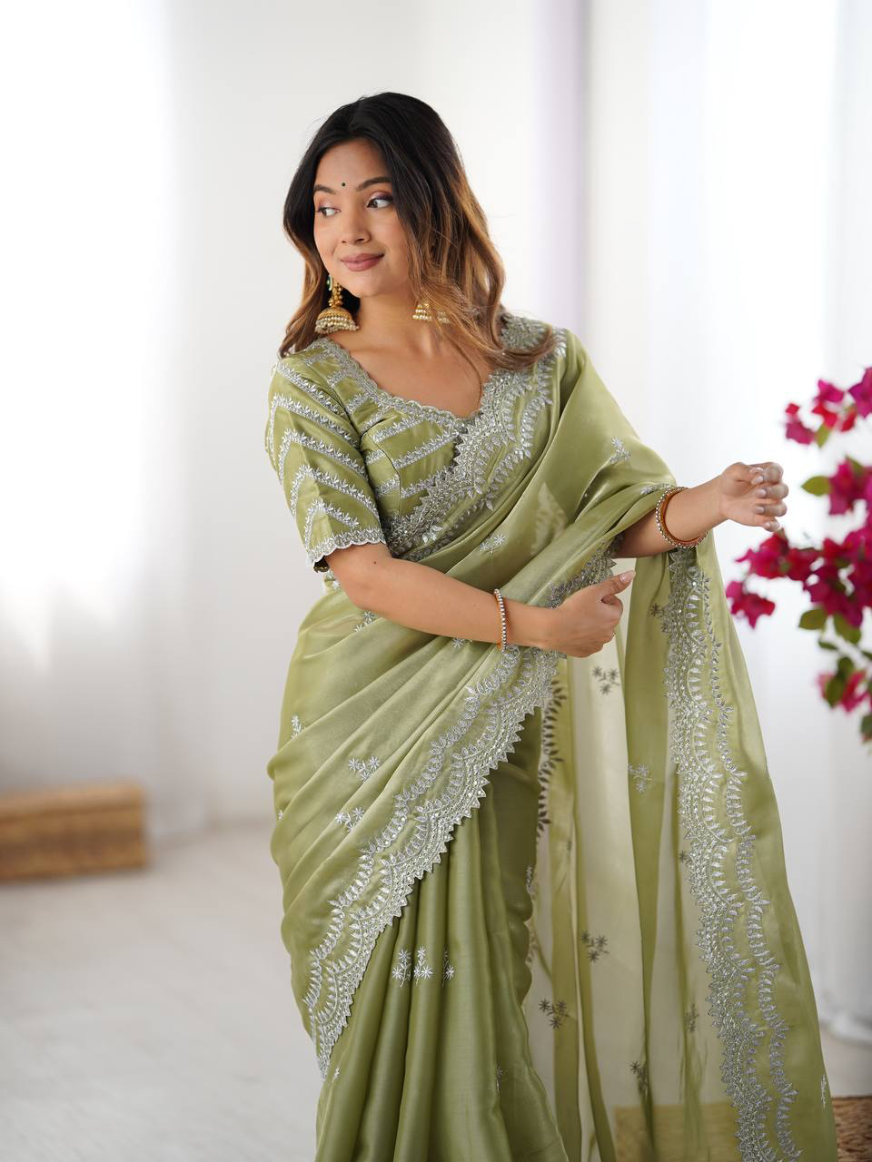 Handmade Olive Green Chikankari Embroidered Saree – Pure Georgette Traditional Indian Saree with Blouse | Wedding, Party & Ethnic Wear (BLACKLUXE CRAFTS)