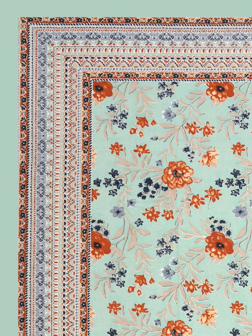 Handmade Indian Cotton Bedsheet with Pillow Covers – Aqua Green Floral Block Print King Size Bedspread – Ethnic Jaipuri Home Décor (BLACKLUXE CRAFTS) - BLACKLUXECRAFTS