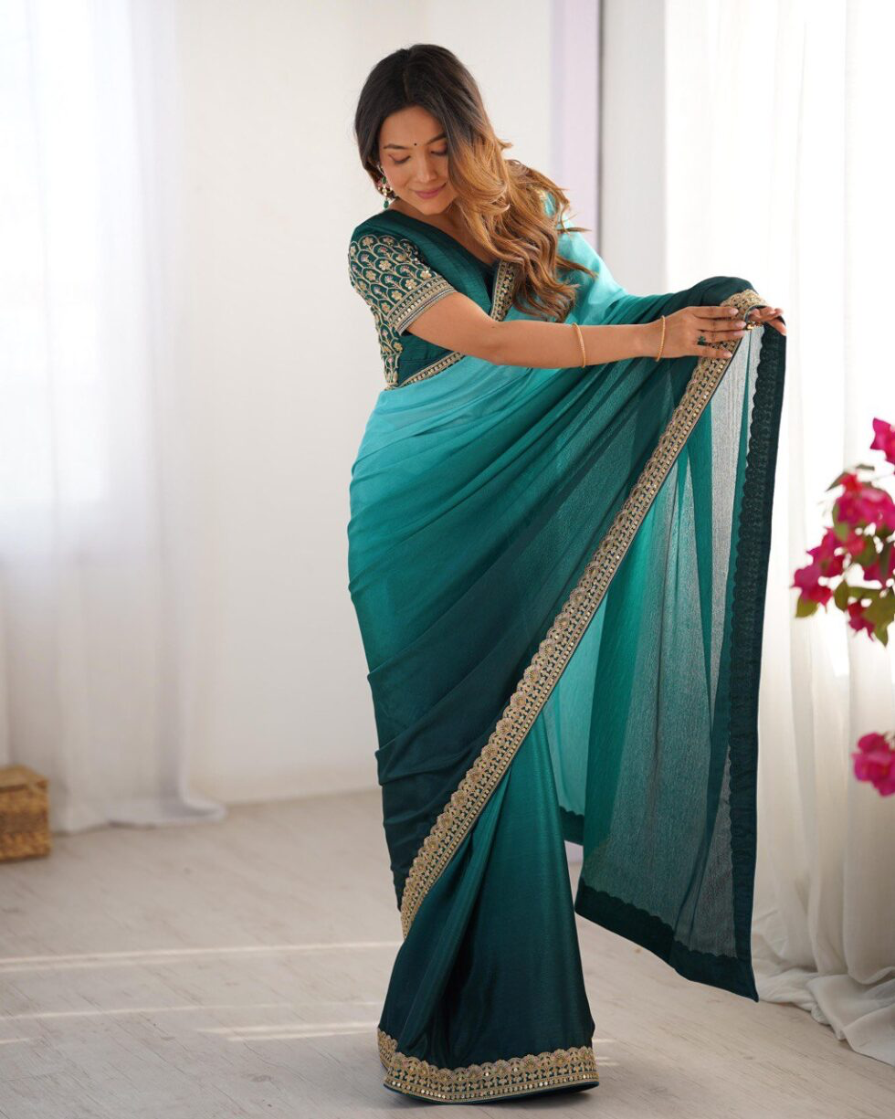 Handmade Teal Green Saree with Golden Border – Traditional Indian Ethnic Wear – Elegant Party & Wedding Saree – Artisan Crafted from India (BLACKLUXE CRAFTS)