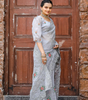Handmade Silver Grey Embroidered Saree with Floral Work – Elegant Party Wear & Wedding Saree from India (BLACKLUXE CRAFTS)