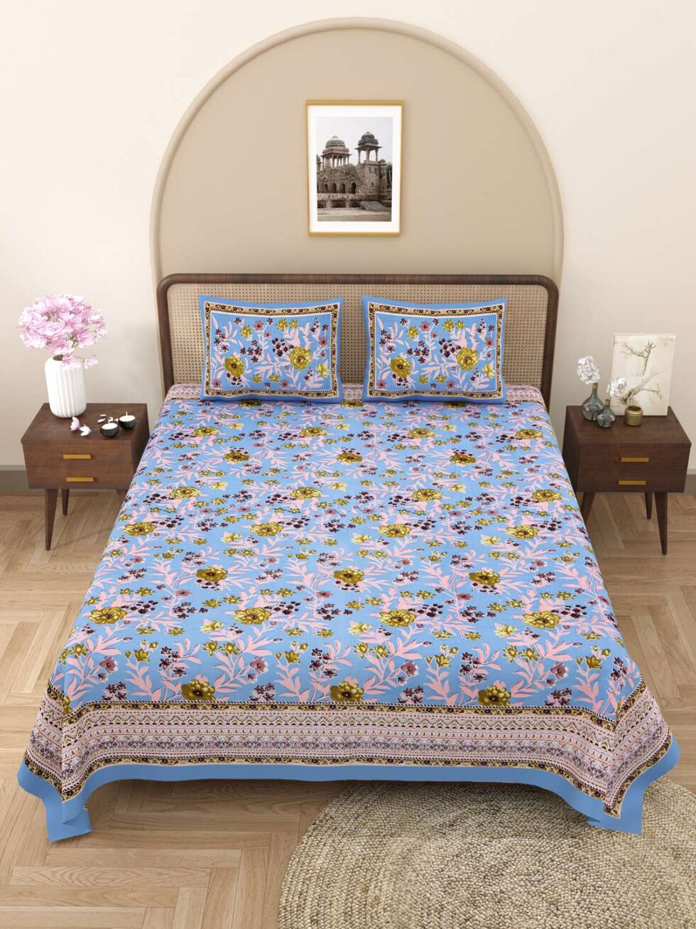Handmade Blue Floral Cotton Bedsheet with Pillow Covers – Indian Block Print King Size Bedspread | Soft Ethnic Bedding from India (BLACKLUXE CRAFTS) - BLACKLUXECRAFTS