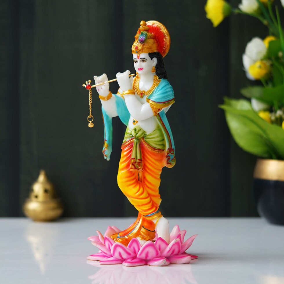 Lord Krishna Playing Flute Idol on Lotus | Hindu God Statue for Home Décor & Puja (BLACKLUXE CRAFTS) - BLACKLUXECRAFTS