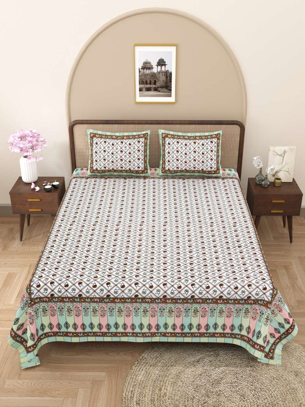 Handmade Cotton Bedsheet with Pillow Covers – Traditional Indian Block Print, Queen Size Bedspread, Soft & Breathable, Made in India (BLACKLUXE CRAFTS) - BLACKLUXECRAFTS