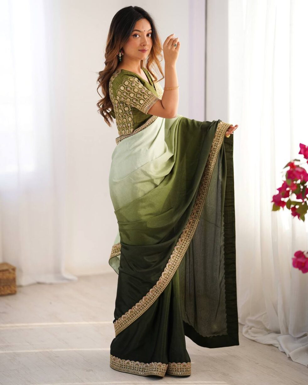 Handmade Olive Green & Light Green Ombre Saree with Golden Border – Indian Ethnic Silk Blend Saree for Women | Festive & Wedding Wear (BLACKLUXE CRAFTS)
