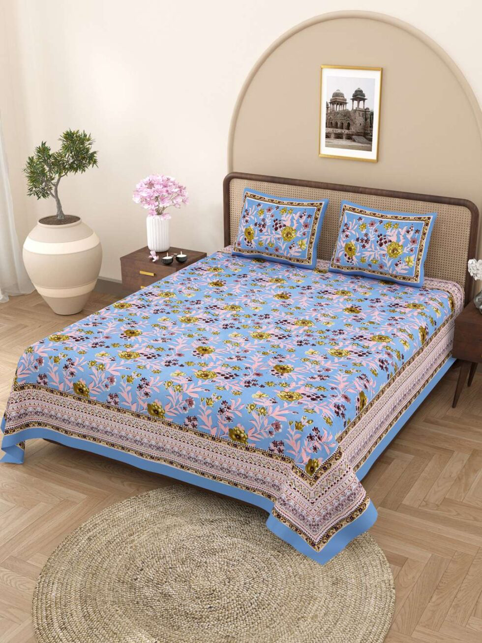 Handmade Blue Floral Cotton Bedsheet with Pillow Covers – Indian Block Print King Size Bedspread | Soft Ethnic Bedding from India (BLACKLUXE CRAFTS) - BLACKLUXECRAFTS