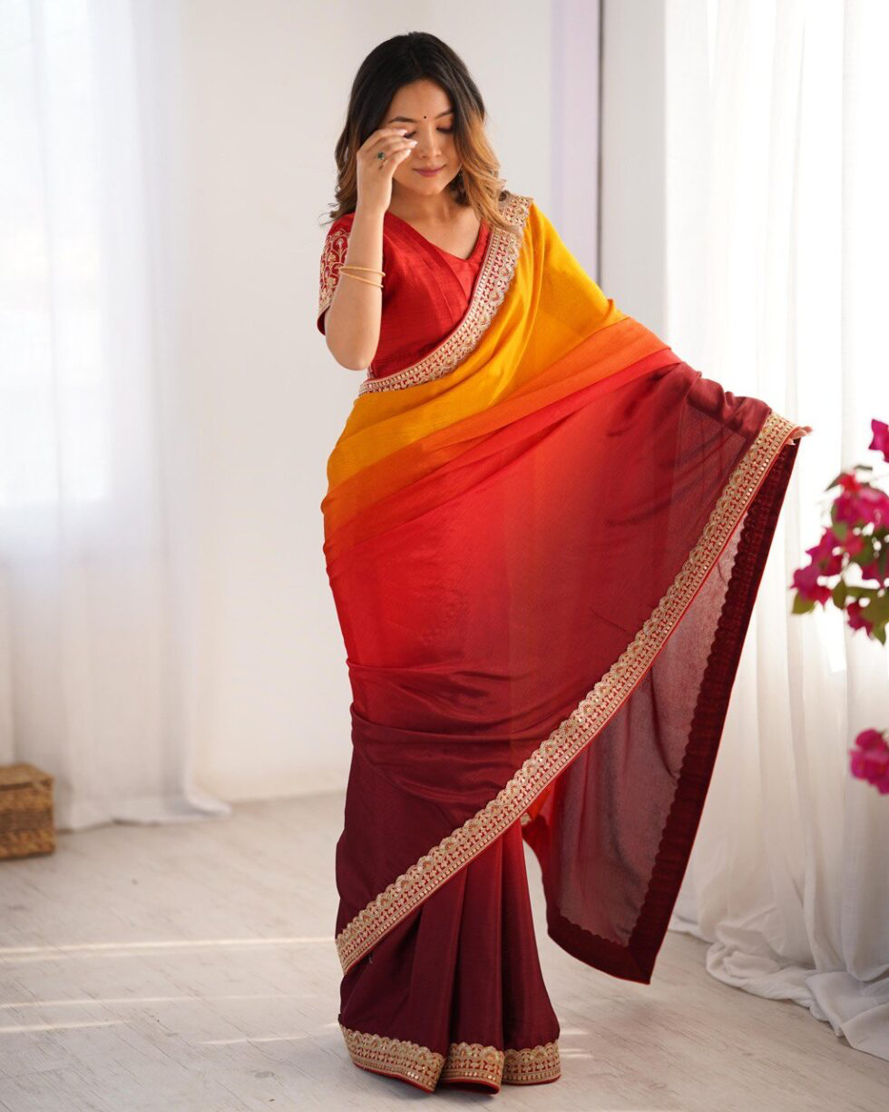 Handmade Designer Ombre Saree in Red & Yellow – Indian Traditional Wedding & Party Wear – Handcrafted Ethnic Saree for Women (BLACKLUXE CRAFTS)