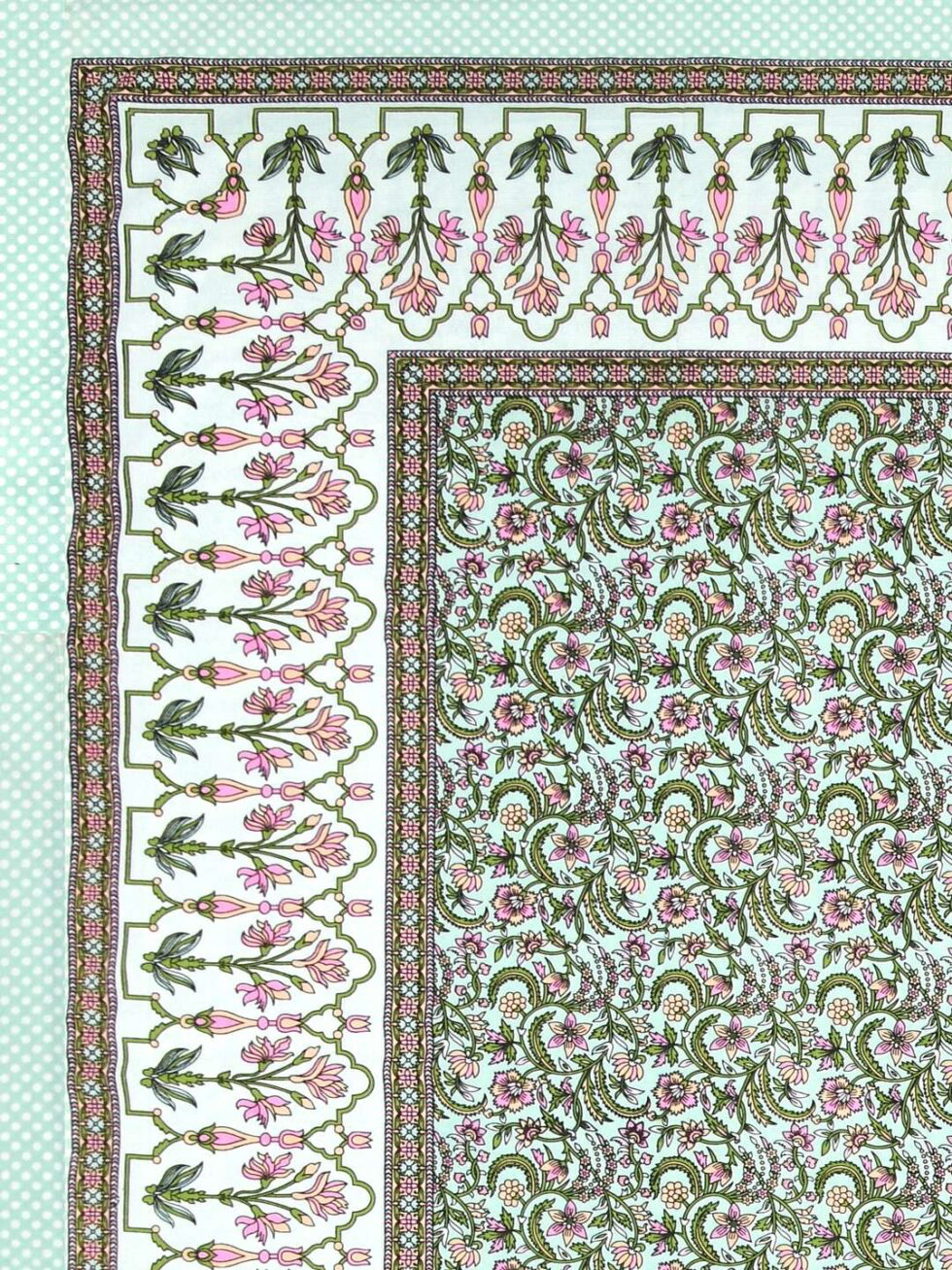 Handmade Cotton Floral Bedsheet with Pillow Covers – Green Pink Block Print King Size Bedspread | Indian Handcrafted Bedding (BLACKLUXE CRAFTS) - BLACKLUXECRAFTS