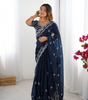 Handmade Navy Blue Embroidered Saree – Elegant Georgette Indian Ethnic Wear | Traditional Party & Wedding Saree for Women Worldwide (BLACKLUXE CRAFTS)