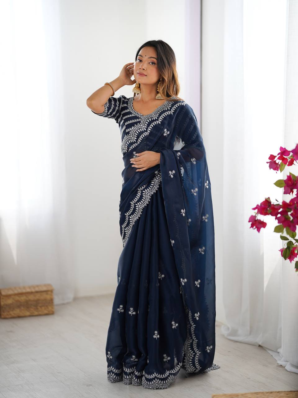 Handmade Navy Blue Embroidered Saree – Elegant Georgette Indian Ethnic Wear | Traditional Party & Wedding Saree for Women Worldwide (BLACKLUXE CRAFTS)