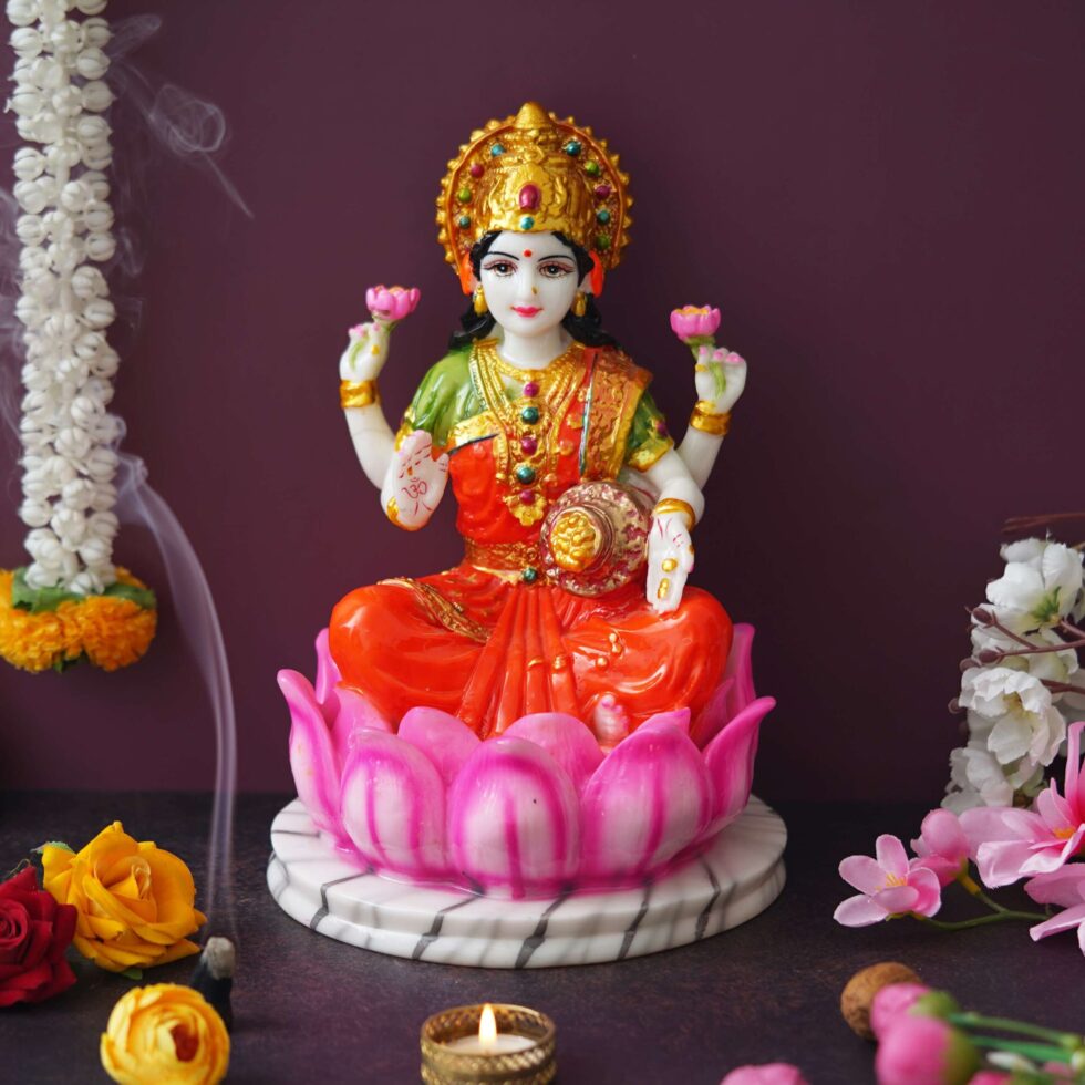 Goddess Lakshmi Idol on Lotus | Hindu Goddess of Wealth Statue | Spiritual Home Décor Gift (BLACKLUXE CRAFTS) - BLACKLUXECRAFTS