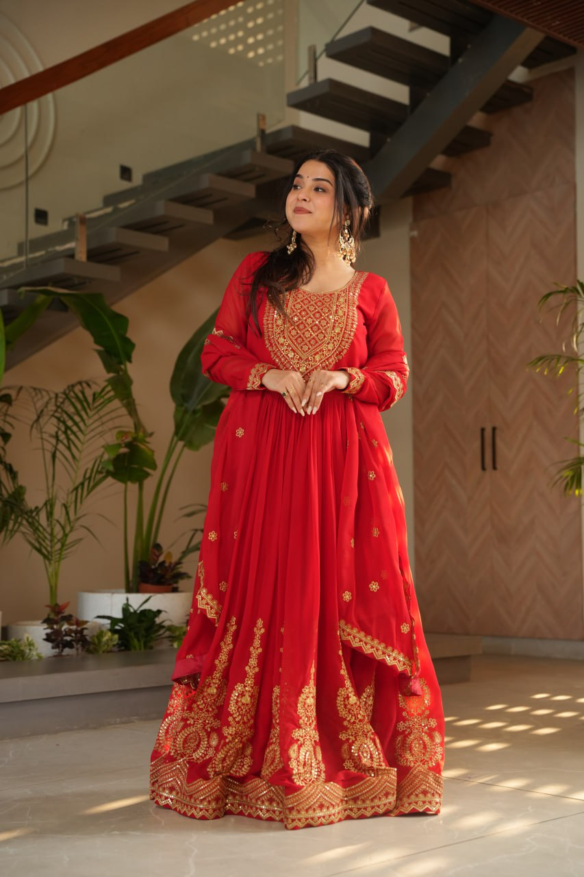 Handmade Red Embroidered Anarkali Gown with Dupatta – Indian Ethnic Party & Wedding Wear Dress for Women (BLACKLUXE CRAFTS)