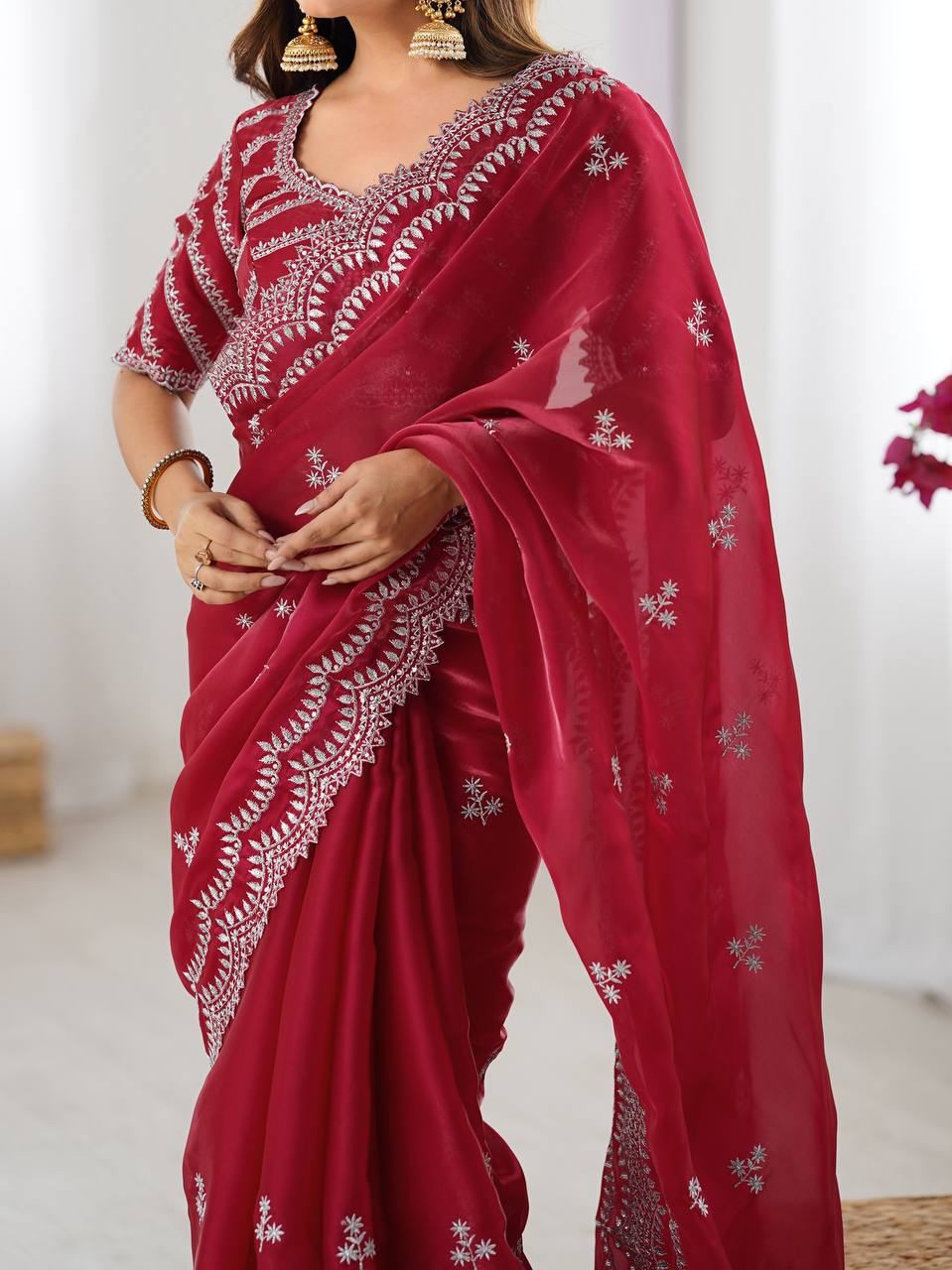 Handmade Red Georgette Saree with White Embroidery – Indian Ethnic Bridal & Party Wear – Elegant Designer Sari for Women Worldwide (BLACKLUXE CRAFTS)