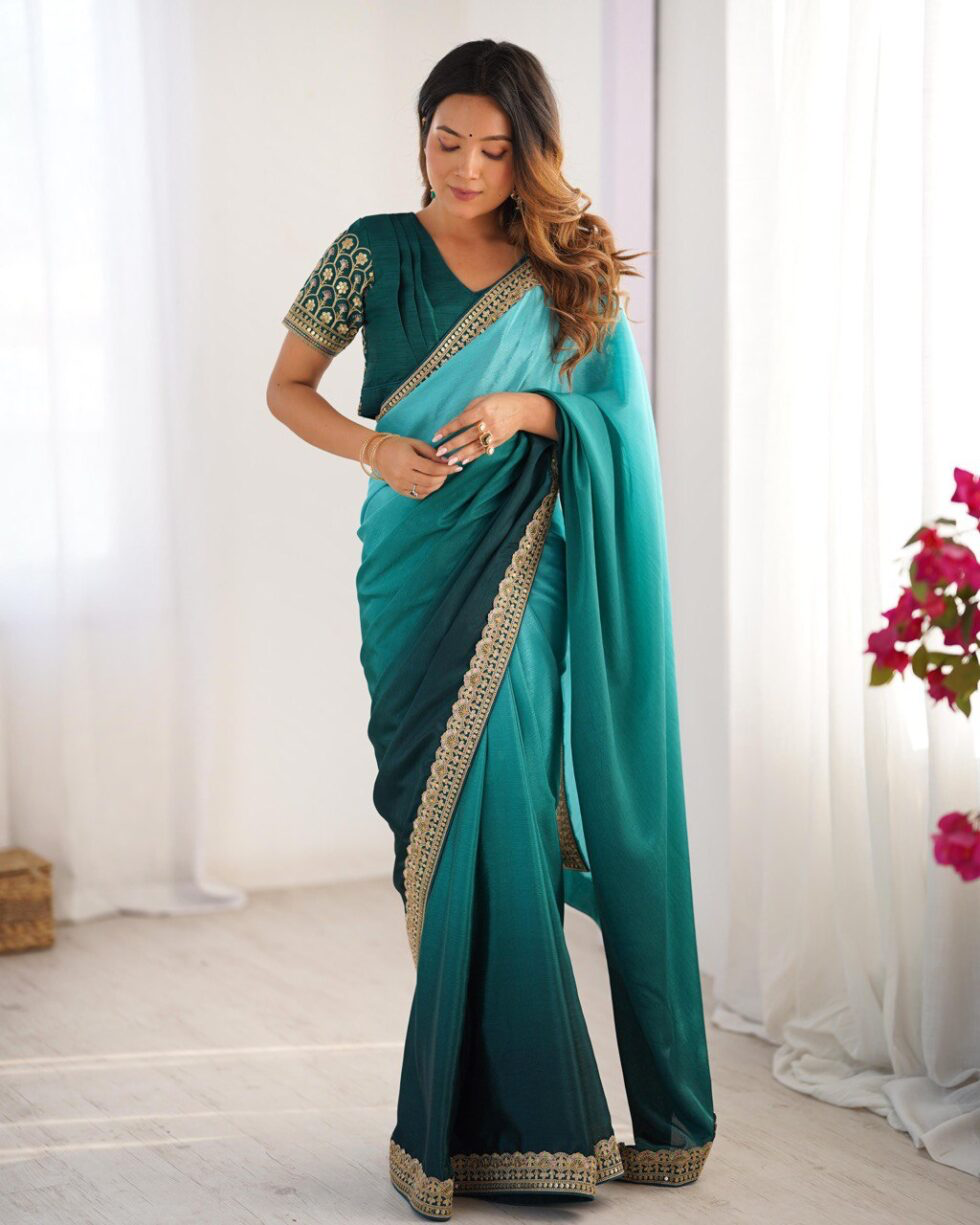 Handmade Teal Green Saree with Golden Border – Traditional Indian Ethnic Wear – Elegant Party & Wedding Saree – Artisan Crafted from India (BLACKLUXE CRAFTS)