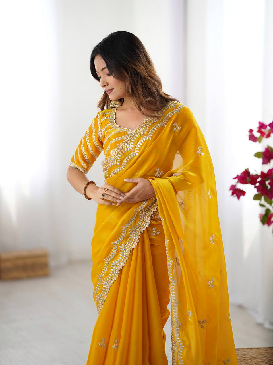 Handmade Yellow Georgette Saree with Intricate Embroidery | Indian Ethnic Designer Sari for Wedding & Party Wear – Made in India (BLACKLUXE CRAFTS)