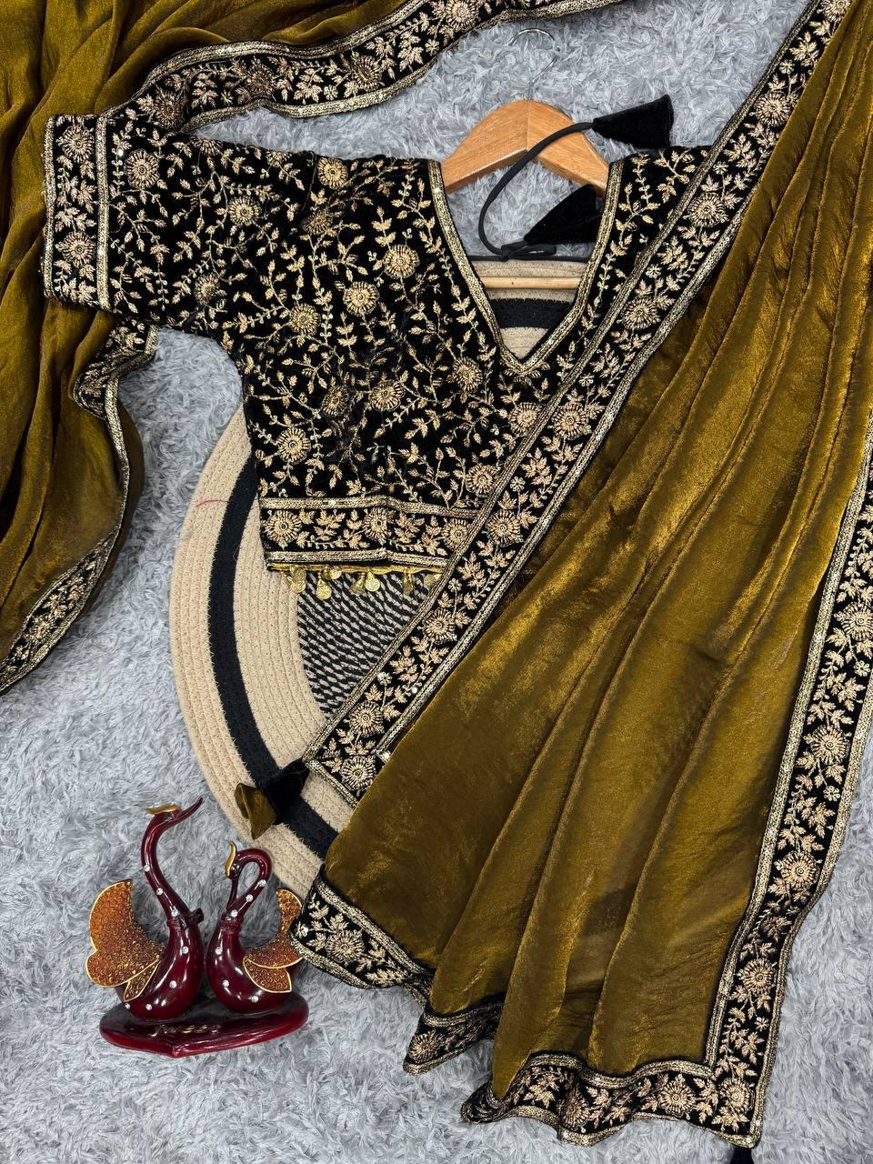 Women’s Luxe Olive-Gold Silk Saree with Heavily Embellished Blouse & Border – Ideal for Evening, Wedding & Reception Wear (BLACK LUXE CRAFTS) - BLACKLUXECRAFTS