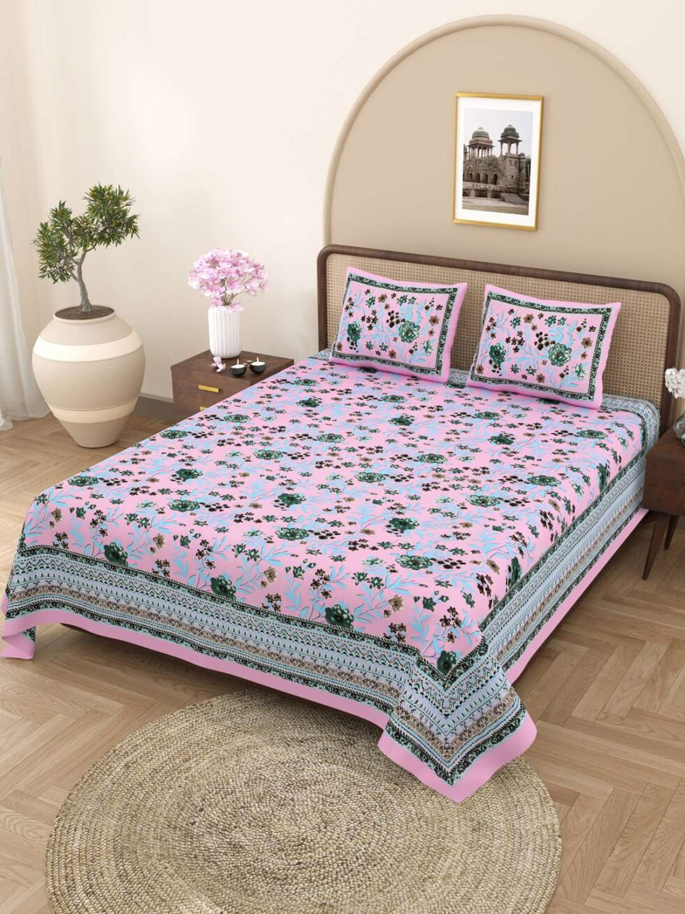 Handmade Pink Floral Block Print Cotton Bedsheet with Pillow Covers – Indian Queen Size Ethnic Bedding Set (BLACKLUXE CRAFTS) - BLACKLUXECRAFTS