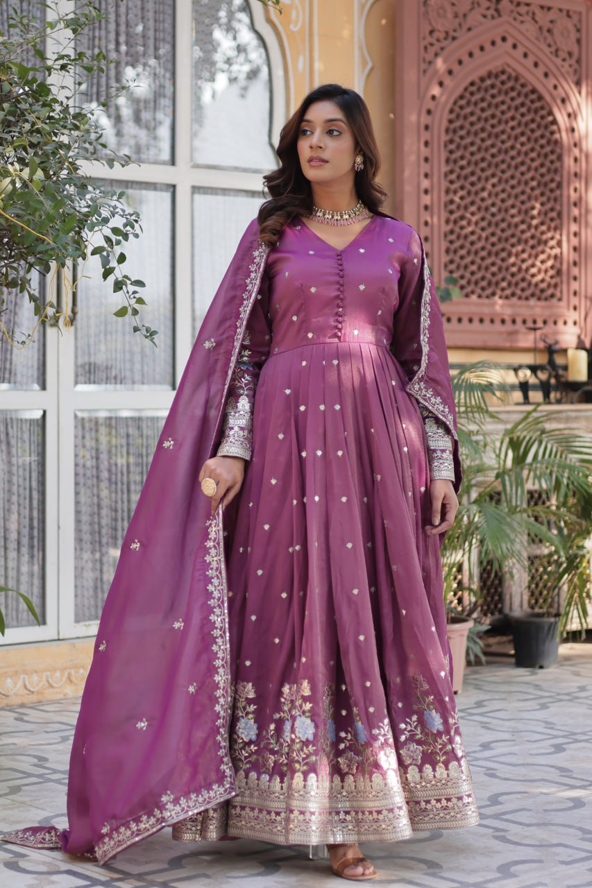 Handmade Designer Purple Anarkali Gown with Embroidered Dupatta | Indian Ethnic Wedding & Party Wear Dress for Women (BLACKLUXE CRAFTS)