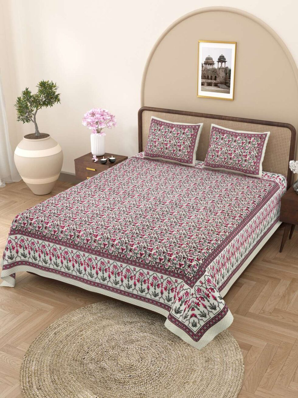 Handmade Indian Cotton Bedsheet with Pillow Covers – Floral Block Print Double Bedspread – Ethnic Boho Bedding from India (BLACKLUXE CRAFTS) - BLACKLUXECRAFTS