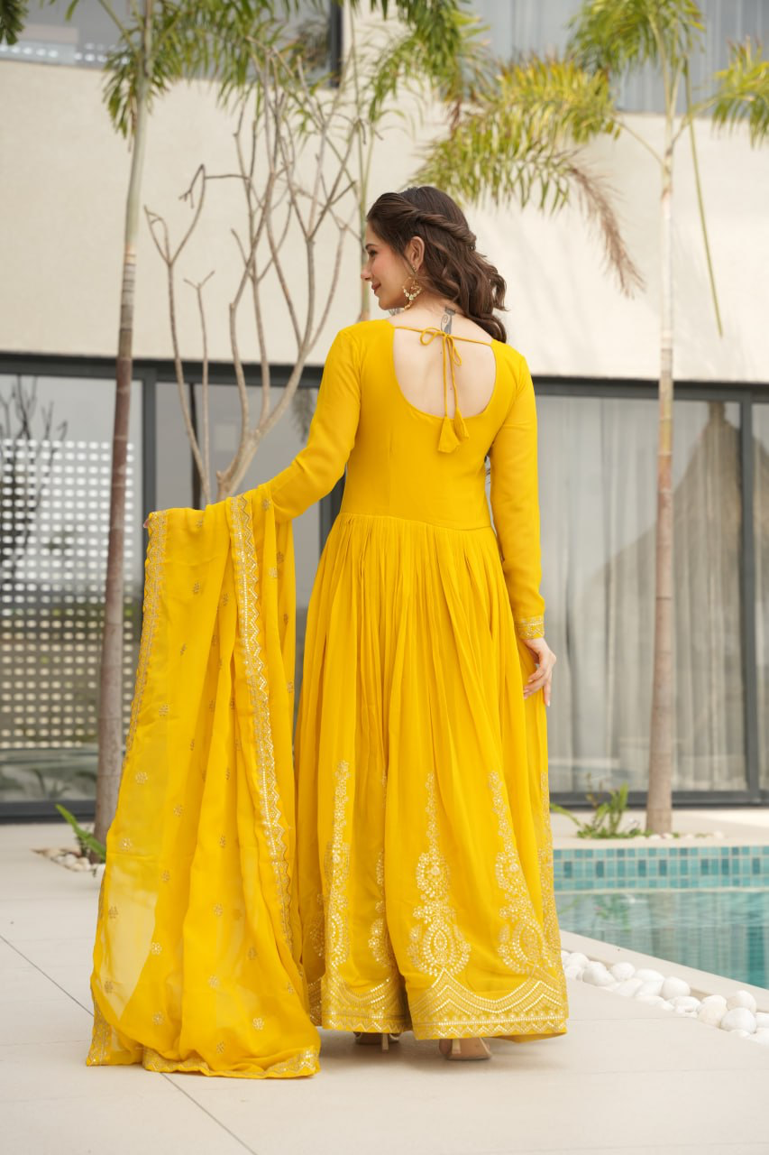 Handmade Yellow Anarkali Suit with Dupatta – Indian Ethnic Party Wear Dress for Women | Traditional Embroidered Long Gown Kurti from India (BLACKLUXE CRAFTS)