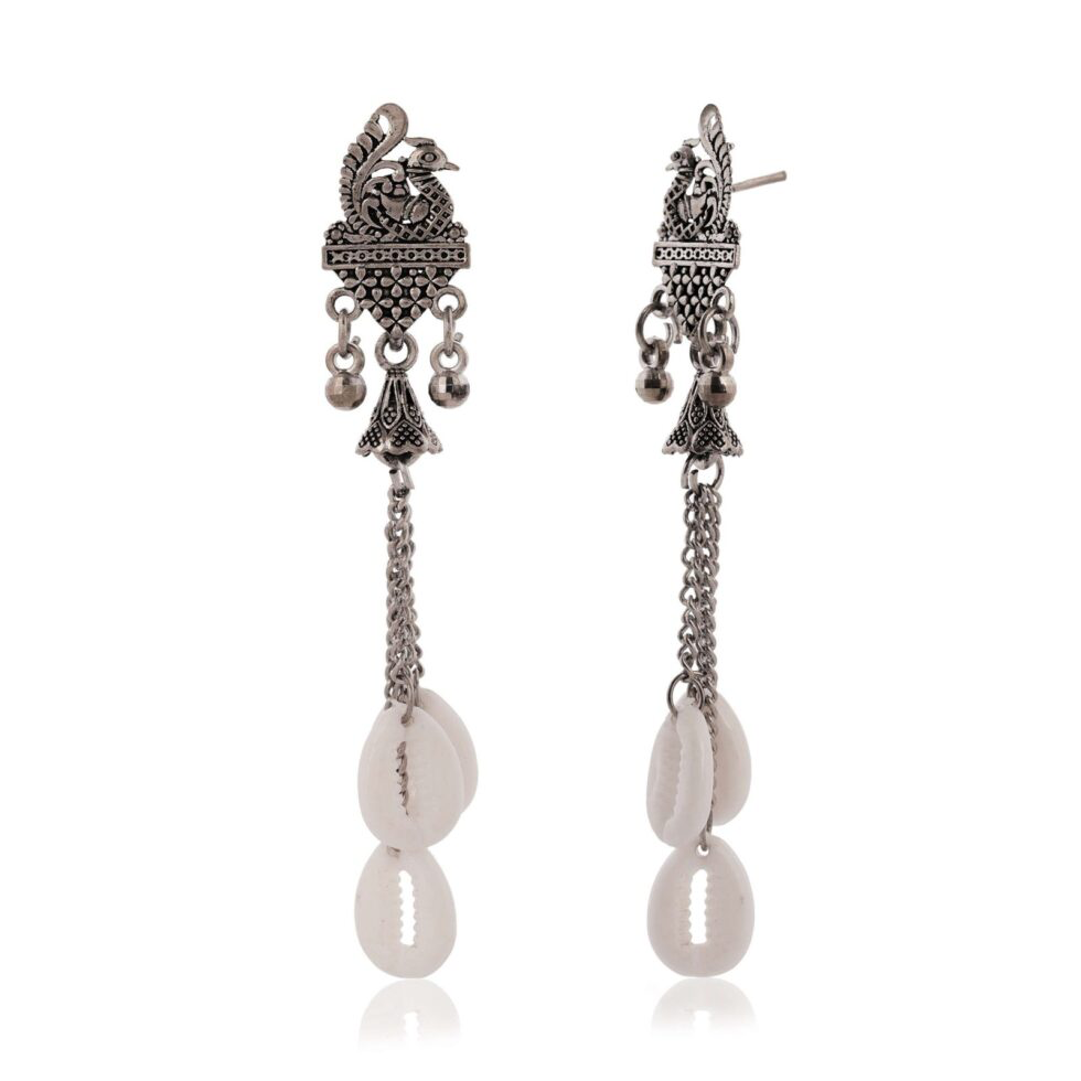 Handmade Oxidized Silver Peacock Earrings with Cowrie Shells Boho Ethnic Jewelry for Women (BLACKLUXE CRAFTS) - BLACKLUXECRAFTS