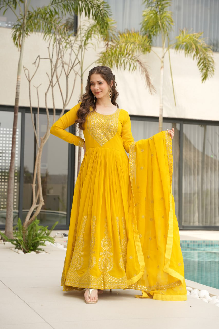 Handmade Yellow Anarkali Suit with Dupatta – Indian Ethnic Party Wear Dress for Women | Traditional Embroidered Long Gown Kurti from India (BLACKLUXE CRAFTS)