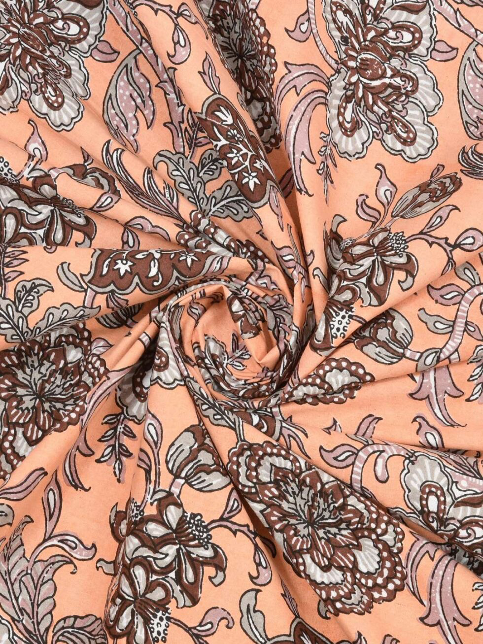 Handmade Peach Floral Cotton Bedsheet with Pillow Covers – Indian Block Print King Size Bedspread (BLACKLUXE CRAFTS) - BLACKLUXECRAFTS