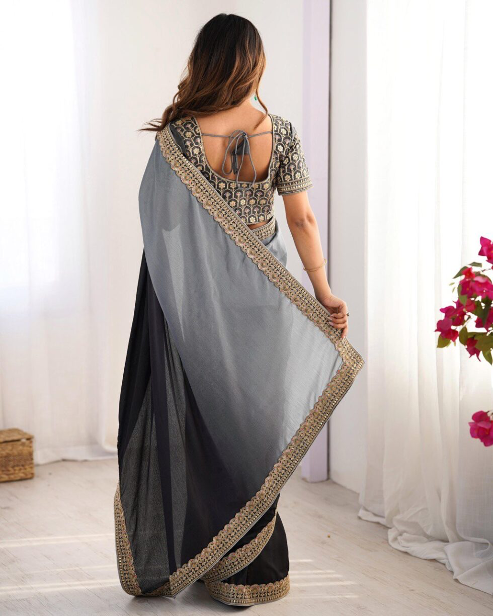 Handmade Black & Grey Saree with Golden Border – Elegant Indian Ethnic Wear – Wedding & Party Wear Saree – Artisan Crafted from India (BLACKLUXE CRAFTS)