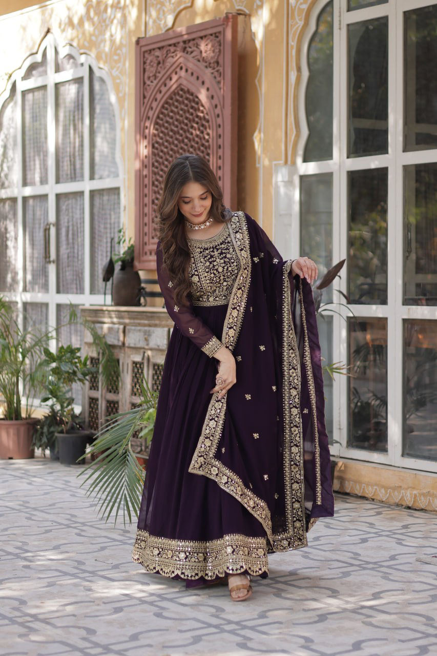 Handmade Purple Anarkali Gown with Heavy Golden Embroidery & Dupatta | Indian Ethnic Party Wear Dress | Artisan Crafted Outfit from India (BLACKLUXE CRAFTS)