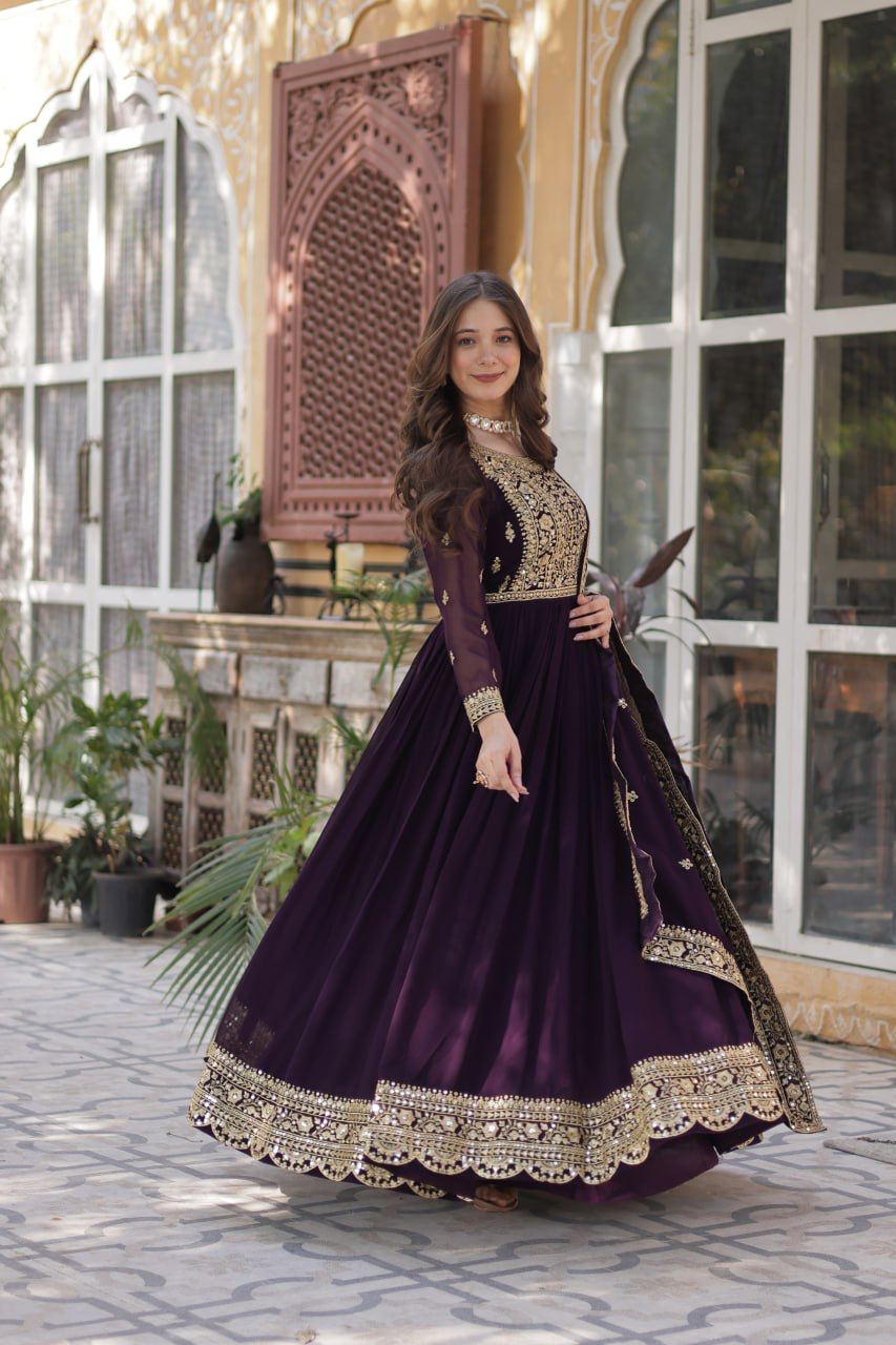 Handmade Purple Anarkali Gown with Heavy Golden Embroidery & Dupatta | Indian Ethnic Party Wear Dress | Artisan Crafted Outfit from India (BLACKLUXE CRAFTS)