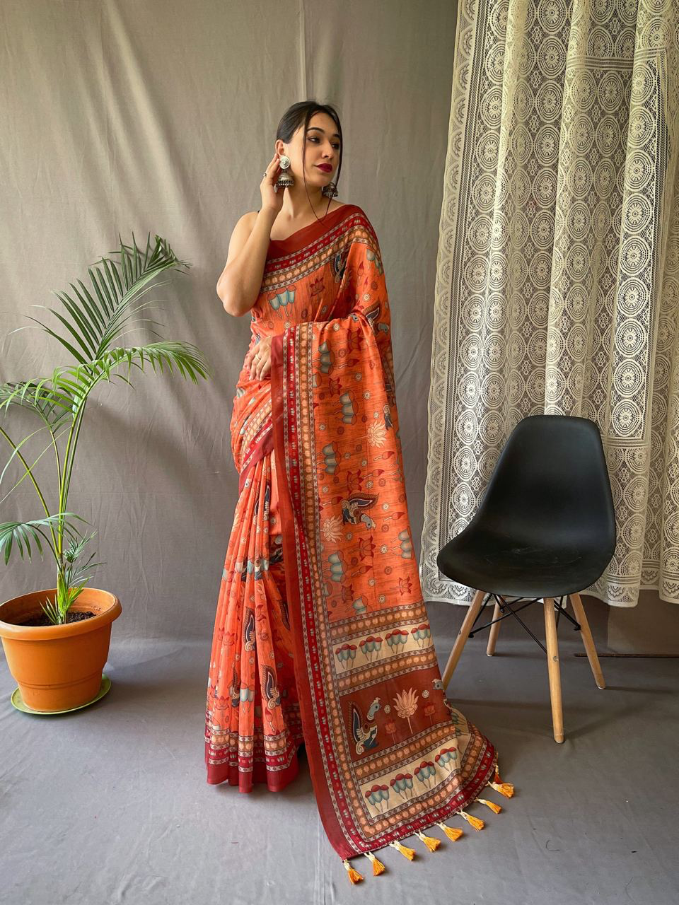Handmade Indian Saree – Orange Cotton Silk Saree with Traditional Madhubani Print | Elegant Ethnic Wear for Women (BLACKLUXE CRAFTS)