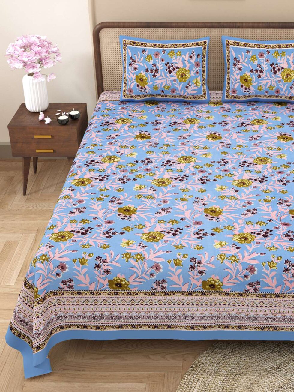 Handmade Blue Floral Cotton Bedsheet with Pillow Covers – Indian Block Print King Size Bedspread | Soft Ethnic Bedding from India (BLACKLUXE CRAFTS) - BLACKLUXECRAFTS