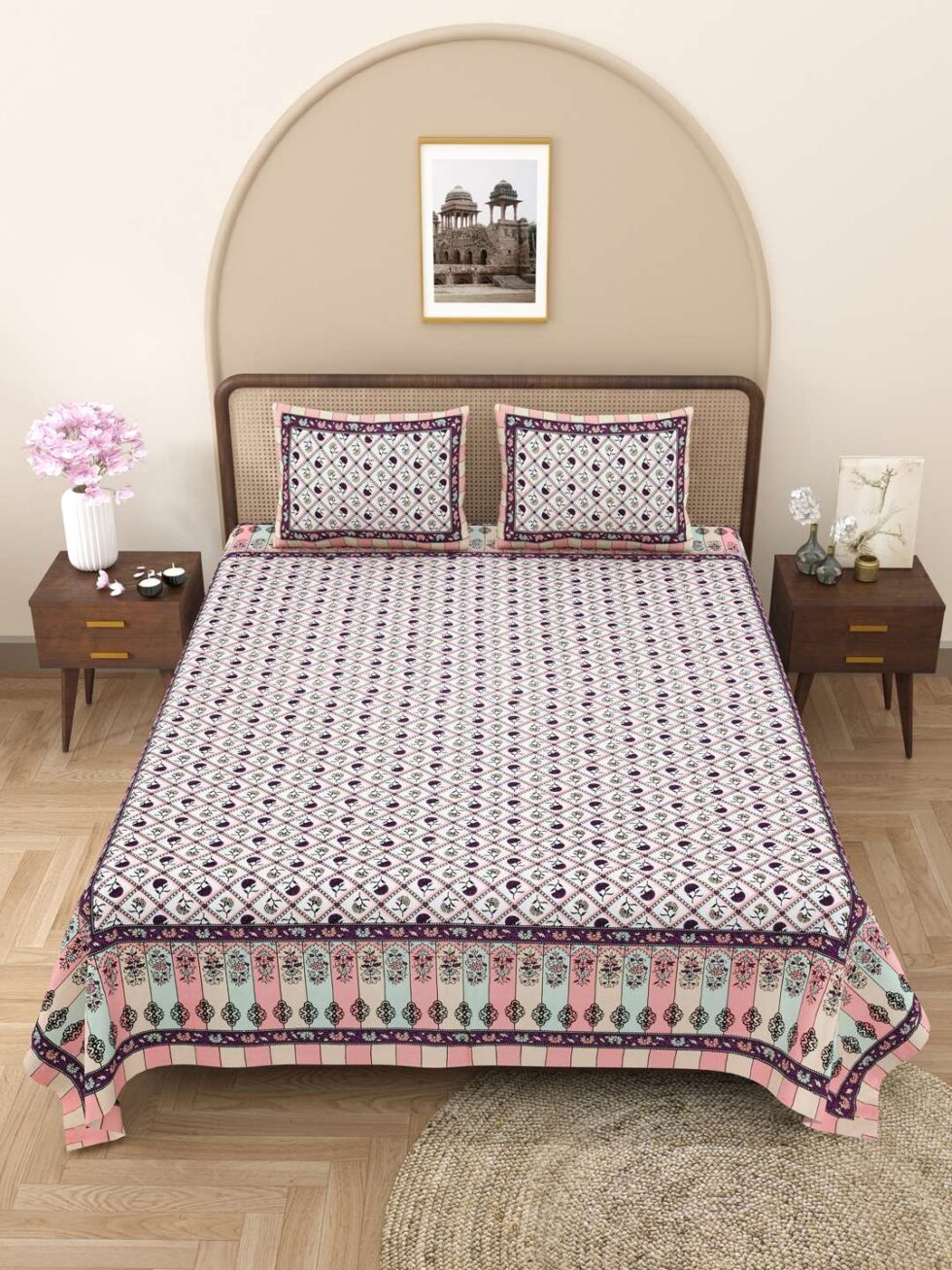 Handmade Cotton Double Bed Sheet with Pillow Covers – Pink & Purple Floral Jaipuri Block Print | Ethnic Indian Bedding (BLACKLUXE CRAFTS) - BLACKLUXECRAFTS