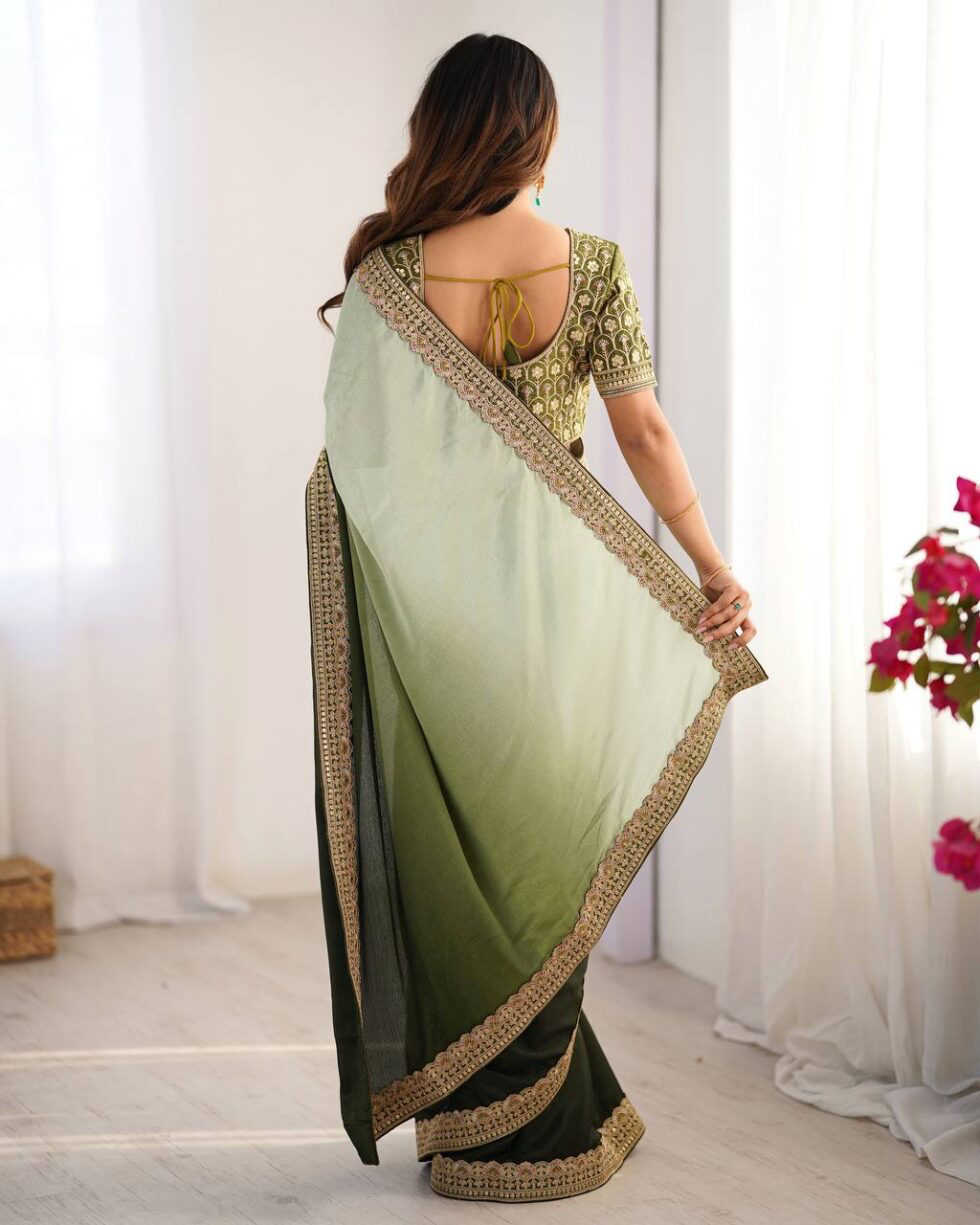 Handmade Olive Green & Light Green Ombre Saree with Golden Border – Indian Ethnic Silk Blend Saree for Women | Festive & Wedding Wear (BLACKLUXE CRAFTS)