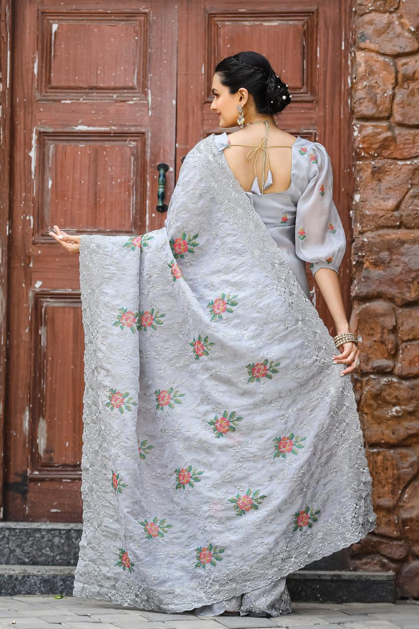 Handmade Silver Grey Embroidered Saree with Floral Work – Elegant Party Wear & Wedding Saree from India (BLACKLUXE CRAFTS)
