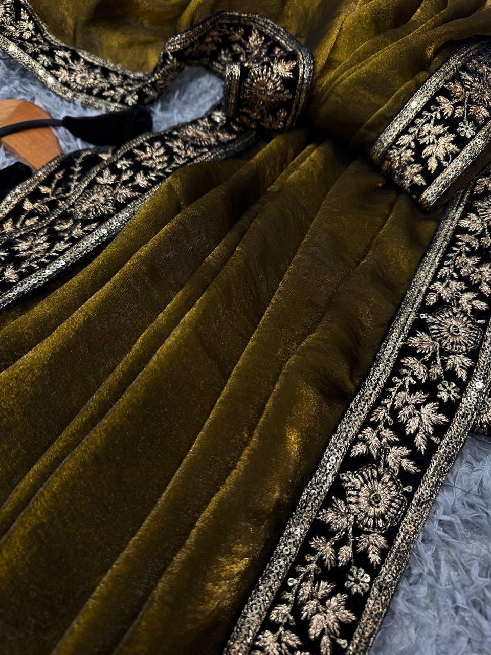 Women’s Luxe Olive-Gold Silk Saree with Heavily Embellished Blouse & Border – Ideal for Evening, Wedding & Reception Wear (BLACK LUXE CRAFTS) - BLACKLUXECRAFTS