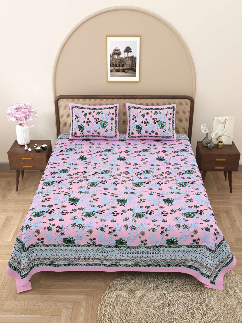 Handmade Pink Floral Block Print Cotton Bedsheet with Pillow Covers – Indian Queen Size Ethnic Bedding Set (BLACKLUXE CRAFTS) - BLACKLUXECRAFTS