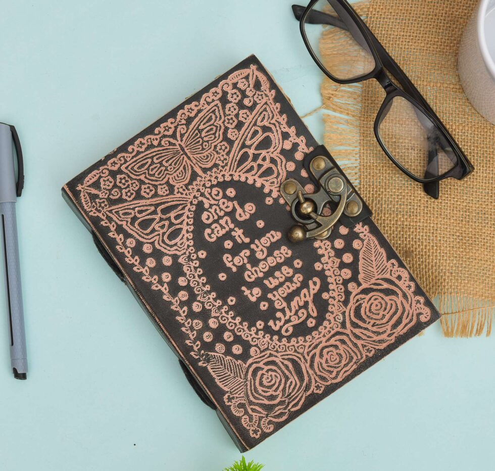 Vintage Butterfly Leather Notebook with Lock | Motivational Quote Journal Diary with Rose Design – Writing & Gift Journal (BLACKLUXE CRAFTS) - BLACKLUXECRAFTS