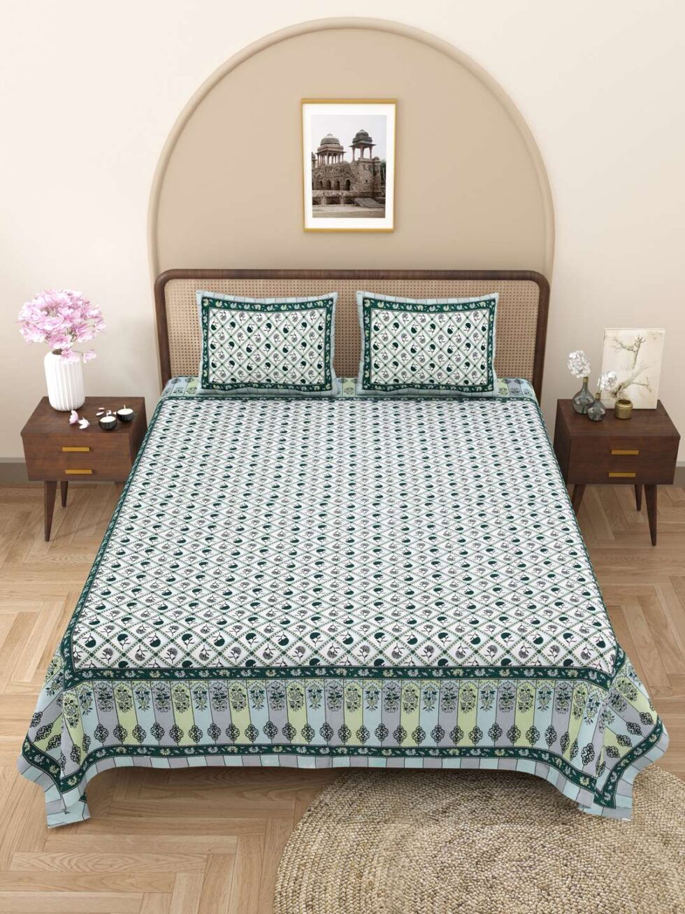 Handmade Cotton Double Bed Sheet with Pillow Covers – Green Floral Block Print | Indian Ethnic Bedding Set (BLACKLUXE CRAFTS) - BLACKLUXECRAFTS