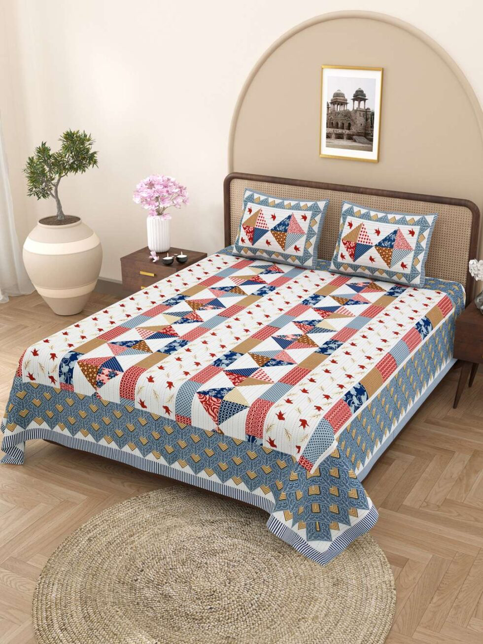 Handmade Cotton Patchwork Bedsheet with Pillow Covers – Boho Quilt Style Bedspread – Ethnic Indian Bedding for King/Queen Size – Lightweight & Breathable (BLACKLUXE CRAFTS) - BLACKLUXECRAFTS