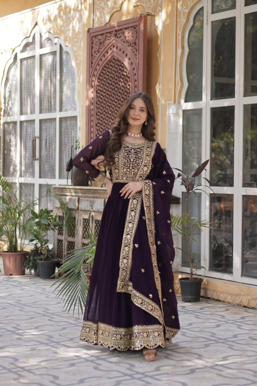 Handmade Purple Anarkali Gown with Heavy Golden Embroidery & Dupatta | Indian Ethnic Party Wear Dress | Artisan Crafted Outfit from India (BLACKLUXE CRAFTS)