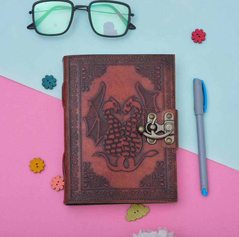 Handmade Brown Leather Journal with Dragon Embossing – Vintage Lock Diary for Writing, Sketching & Gifting (BLACKLUXE CRAFTS) - BLACKLUXECRAFTS