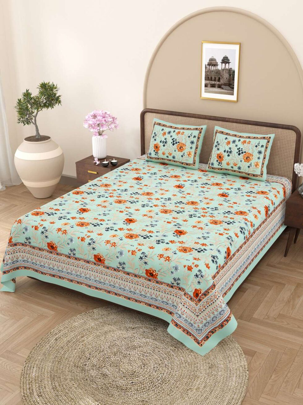 Handmade Indian Cotton Bedsheet with Pillow Covers – Aqua Green Floral Block Print King Size Bedspread – Ethnic Jaipuri Home Décor (BLACKLUXE CRAFTS) - BLACKLUXECRAFTS