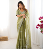 Handmade Olive Green Chikankari Embroidered Saree – Pure Georgette Traditional Indian Saree with Blouse | Wedding, Party & Ethnic Wear (BLACKLUXE CRAFTS)